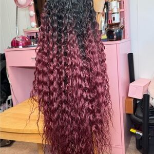 34 inch Curly Ombre Black and Burgundy Synthetic Wig